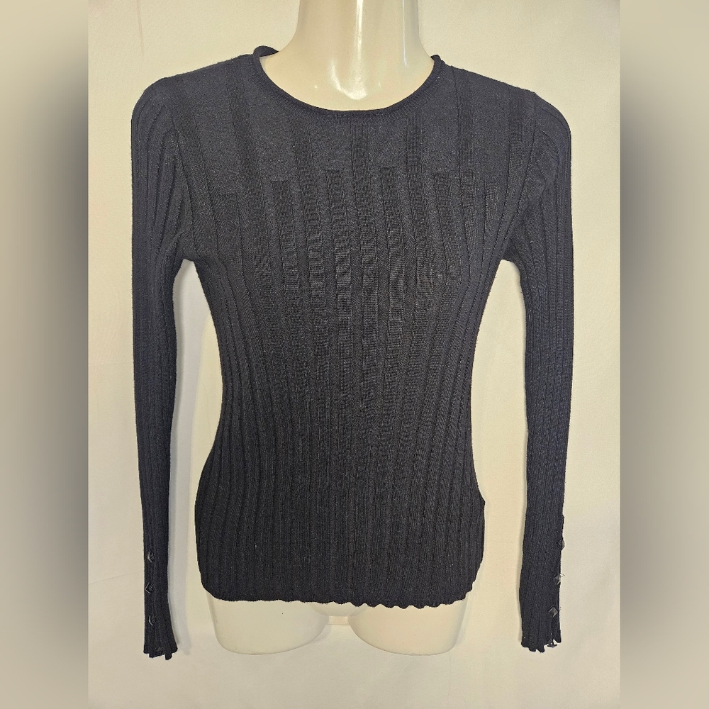 Topshop Black Ribbed Knit Long Sleeve Button Cuff Top Size US 8